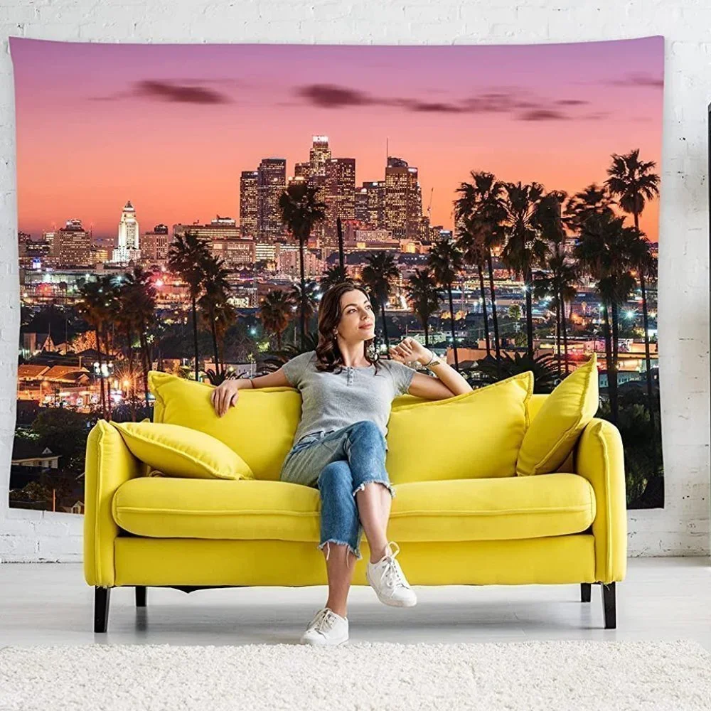 Los Angeles Pink Sunset City Skyline Cityscape Indoor/Outdoor Decor Tapestry